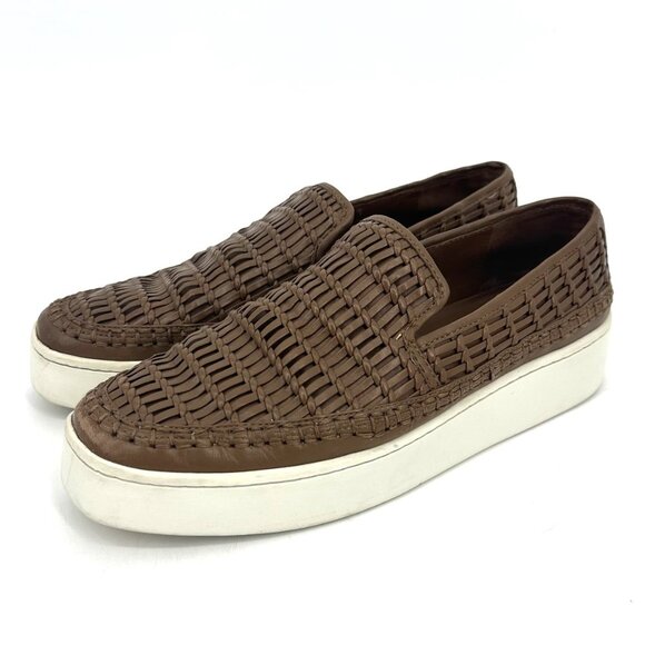 Vince Stafford Woven Leather Almond Toe Platform Slip-On Sneakers Brown Tan 8 - Picture 2 of 10